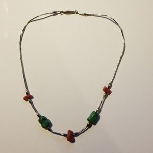 Vintage Turquoise, Red Coral & Liquid Silver Necklace